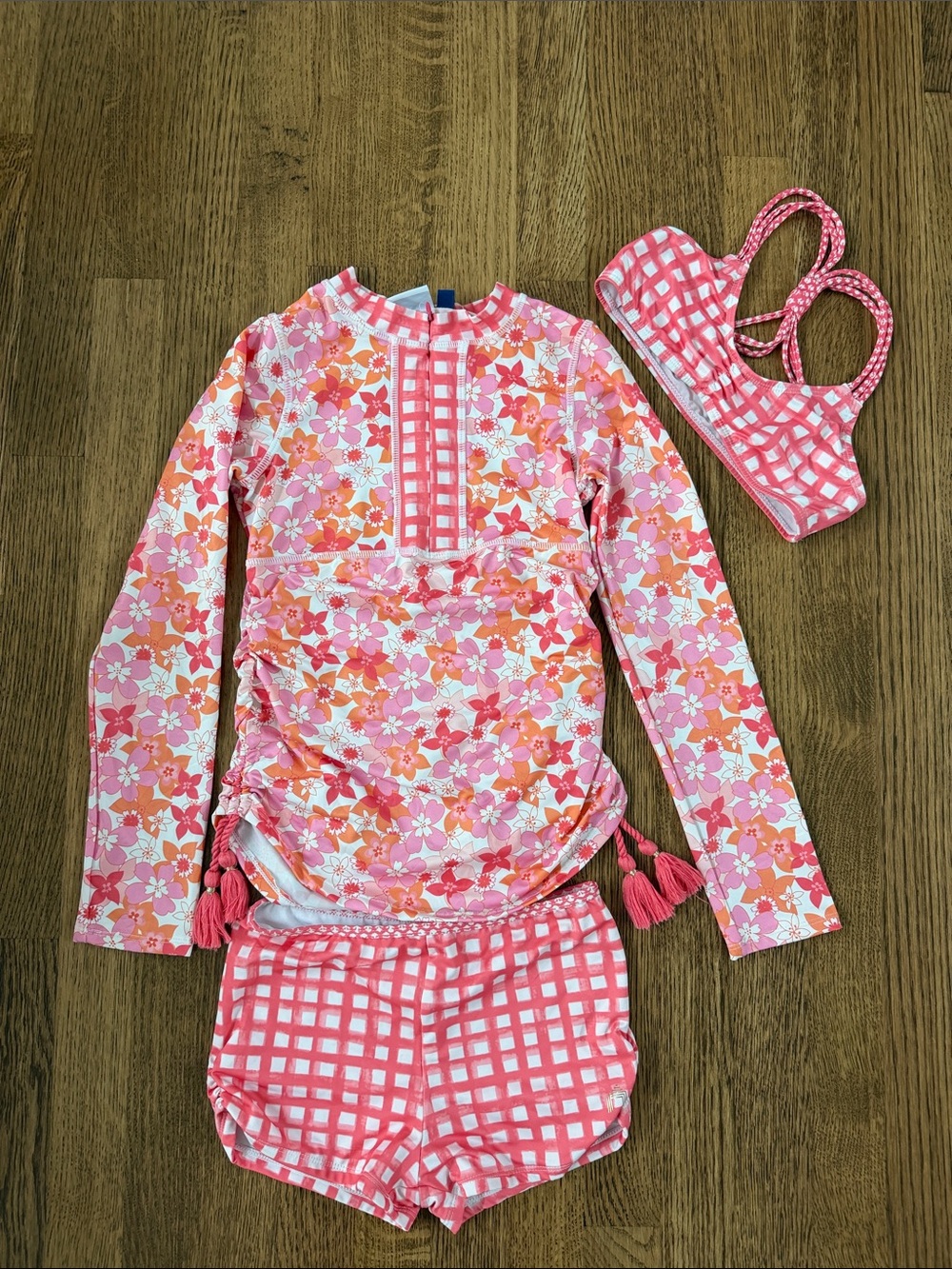 Cabana Life 3 Piece Floral & Gingham Pink Swim Set - Rash Guard and Bikini